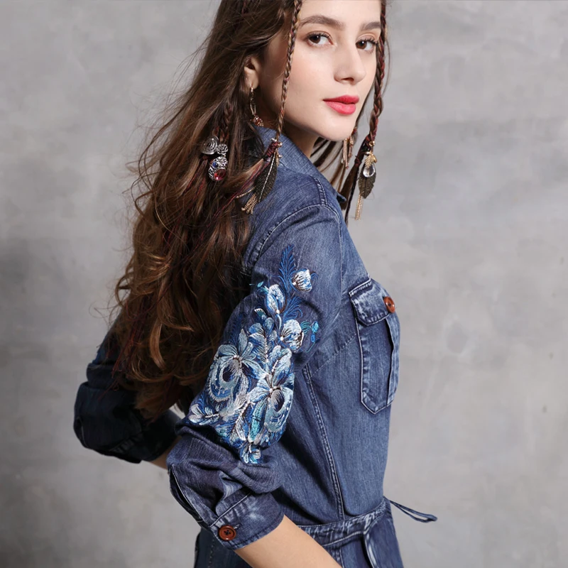 Jumpsuit ผู้หญิง 2019 Yuzi. may Boho ใหม่ Denim Bodysuit Turn - down Vintage เย็บปักถักร้อยยาวแขนยาวความยาว Jumpsuit A82127