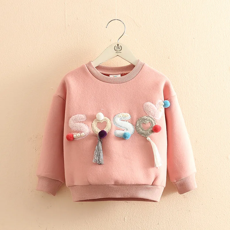 Autumn Warm New Fashion 2 3 46 8 10 Years Long Sleeve Letter Ball Pearl Hoodies Plus Velet Kids Baby Girls Winter Sweatshirt