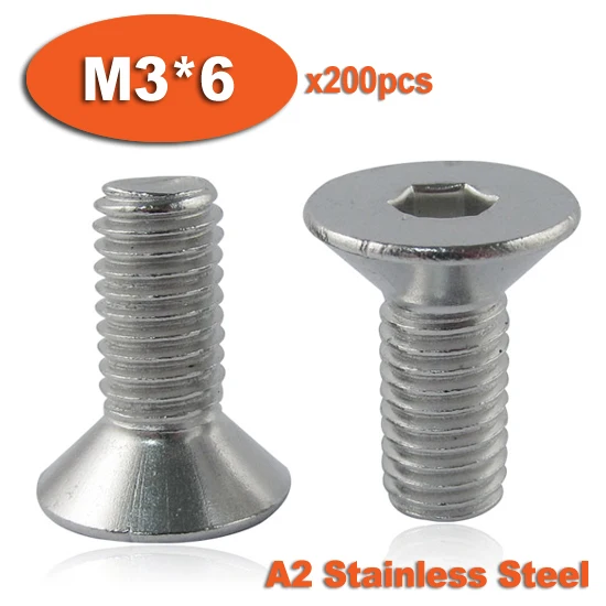 

200pcs DIN7991 M3 x 6 A2 Stainless Steel Screw Hexagon Hex Socket Countersunk Head Cap Screws