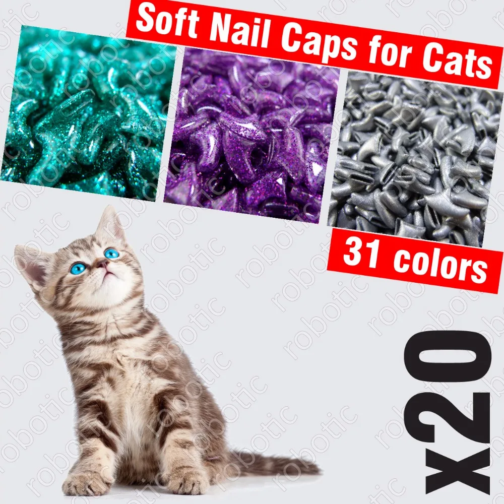 20pcs - Soft Nail Caps for Cats + 1x Adhesive Glue + 1x Applicator /* XS, S, M, L, cover, cat, paw, claw, wmc */