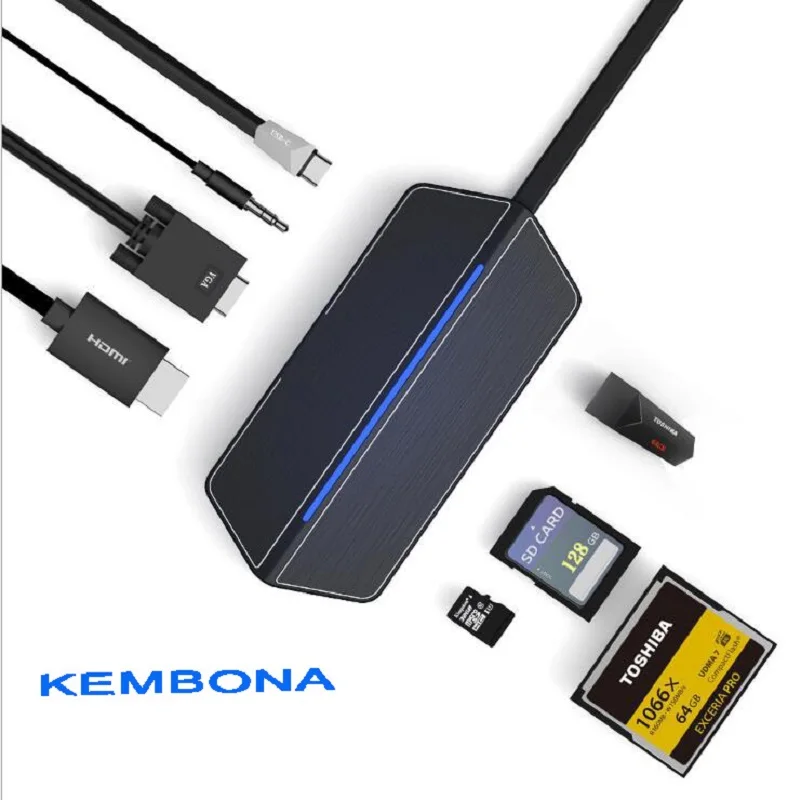 KEMBONA Type-C Hub 8 in 1 USB C Hub adapter with 1*HDMI 1*VGA 1*3.5mmHeadset connector USB 3.0 SD/TF/CF Card slots Charging port