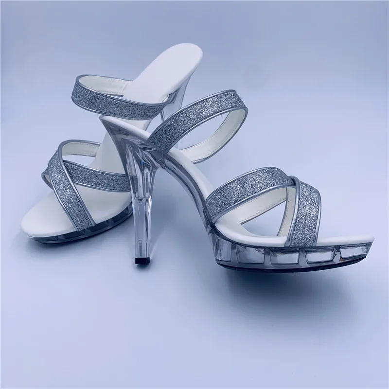 Slinky 13cm heels, sexy fashion silver sequins vamp transparent soles pole dancing performance sandals