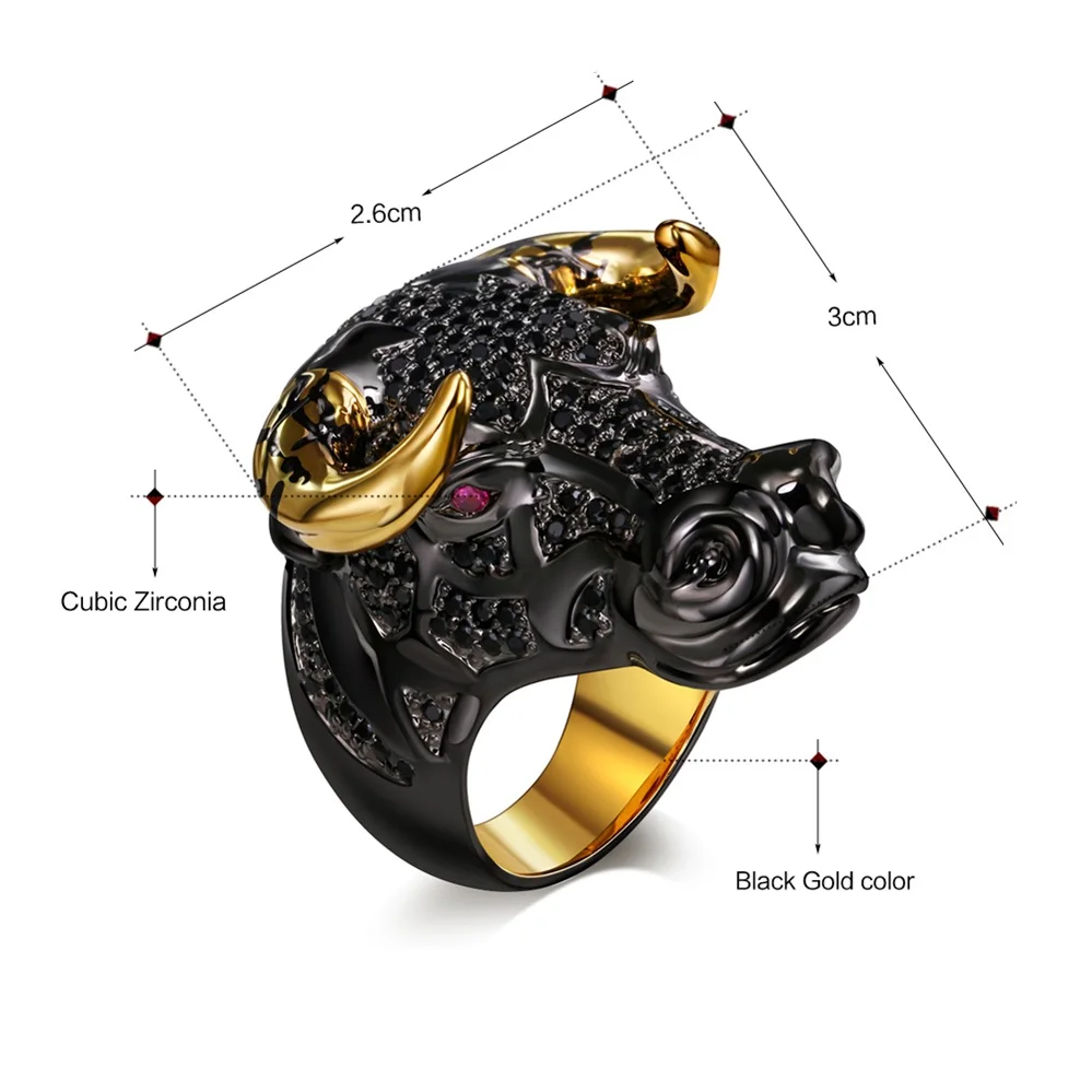 DreamCarnival 1989 Chunky Black Bull with Golden Color Horns Punk Hip Hop CZ Big Ring for Unisex Men Women Street Fashion SR2314