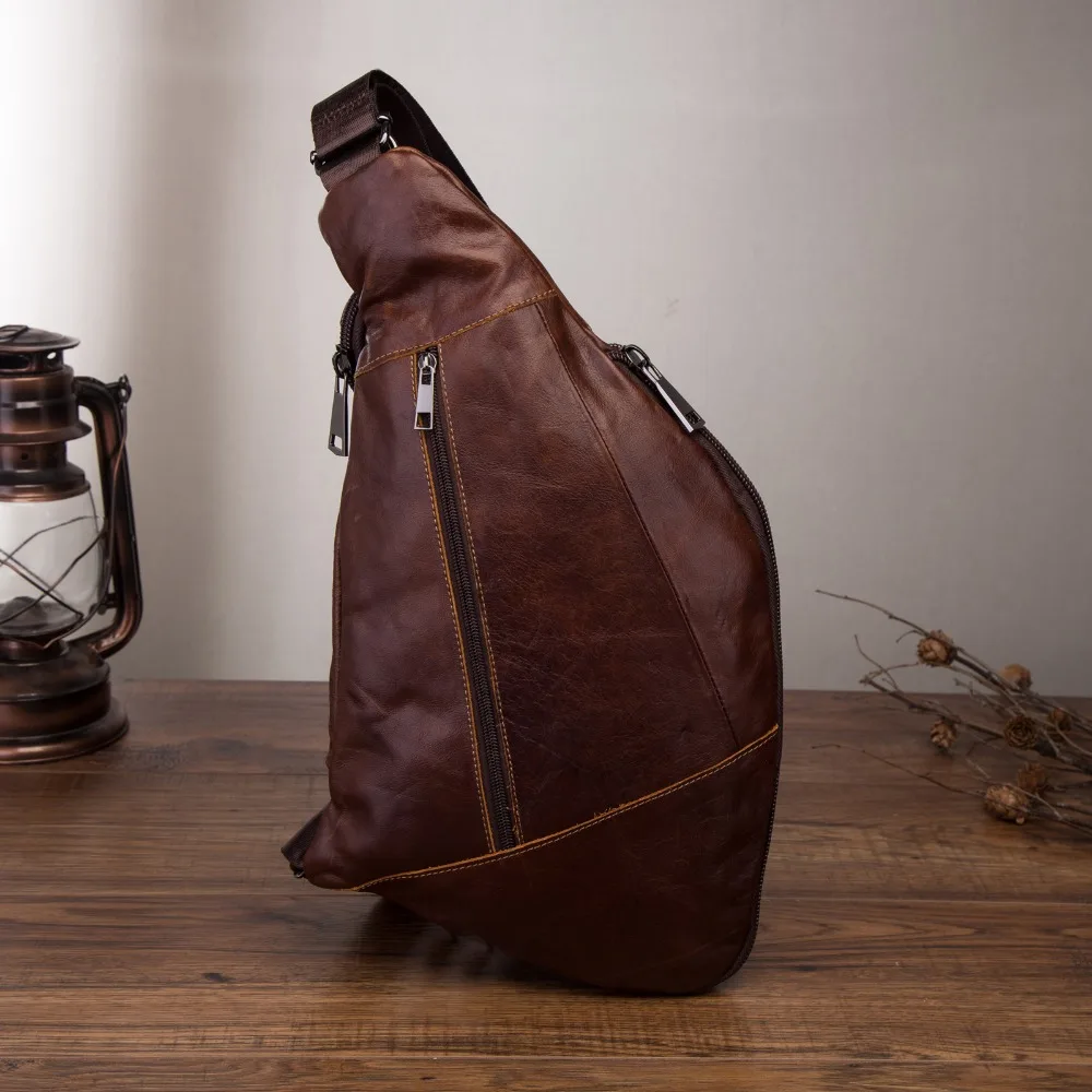 Quality Leather Men Casual Fashion Travel Triangle Chest Sling Bag Brown Design 8\