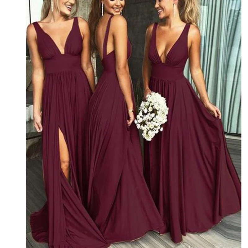 New Arrival burgundii druhna sukienki Spaghetti paski dekolt w serek długa suknia sukienka na imprezę Sexy przednia podziel Vestido De Dama De Honra