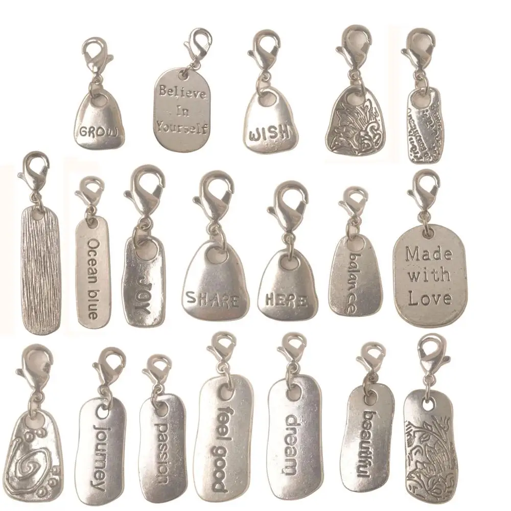 

60PCS of Antiqued Silver Encourage Word Pendants Clip on Charms