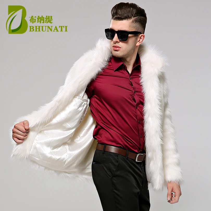 BHUNATI Mens Fur Coat White Stand Collar Long Sleeve Winter Men Fur Coat Winter Faux Fur Solid Loose Fox Fur Jacket Men Casual