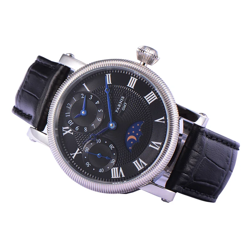 Reloj de pulsera mecánico Vintage para hombre, cronógrafo de pulsera con correa de cuero, diseño de día y noche, Luna, Parnis, 43mm