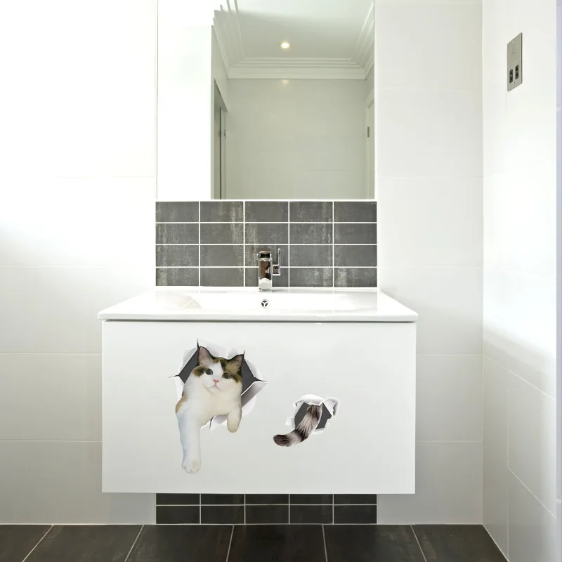 Cute Kitten Wall Stickers 3D Bathroom Cupboard Decorations For Home Art Decals Waterproof Mural Cat Toilet Sticker Wallpaper