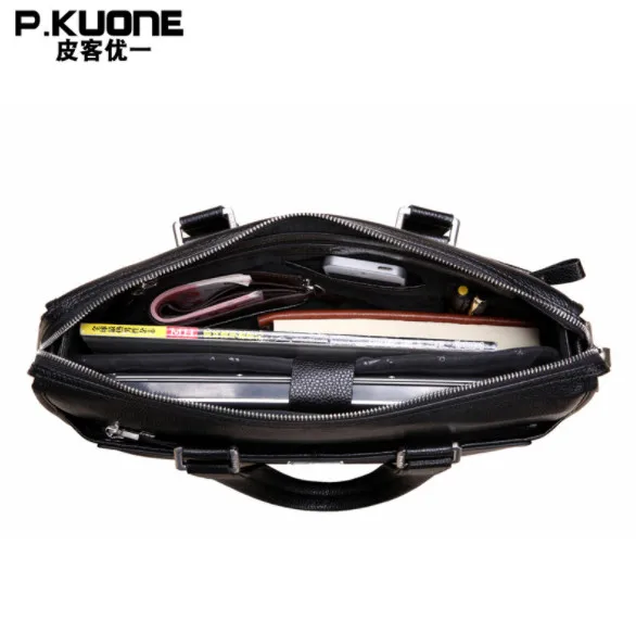 P.KUONE Genuine Leather men\'s Briefcase Business Shoulder Bag Casual Travel Handbag Messenger Bag for 15 inch notbook