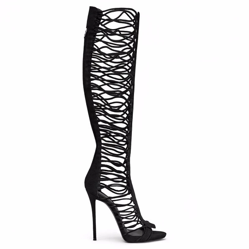 New Fashion Women Open Toe Strap Design Knee High Black Gladiator Boots Back Zipper Cut-out High Heel Long Sandal Boots