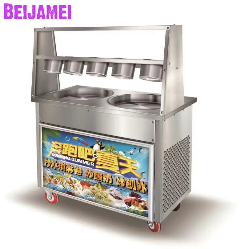 BEIJAMEI commercial double round pan fried ice maker 50*2.5cm frying ice cream rolling machine with 5 barrel