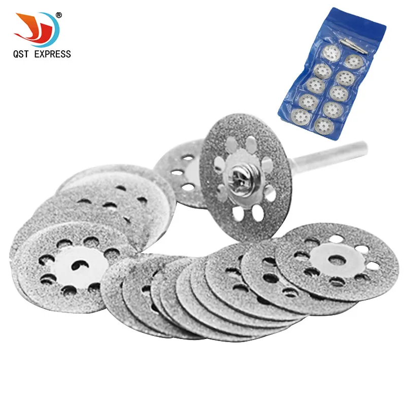 New Hot Sale 10Pcs 22mm Mini Sharp Diamond Cut Off Rotary Tool Cutting Disc Disks DIY Tools Accessories For Dremel with 2Pcs rod