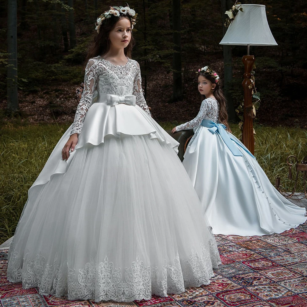 New Hot Girls First Communion Dresses Long Sleeves Ball Gown Lace Appliques Tulle Flower Girl Dresses for Weddings with Sash