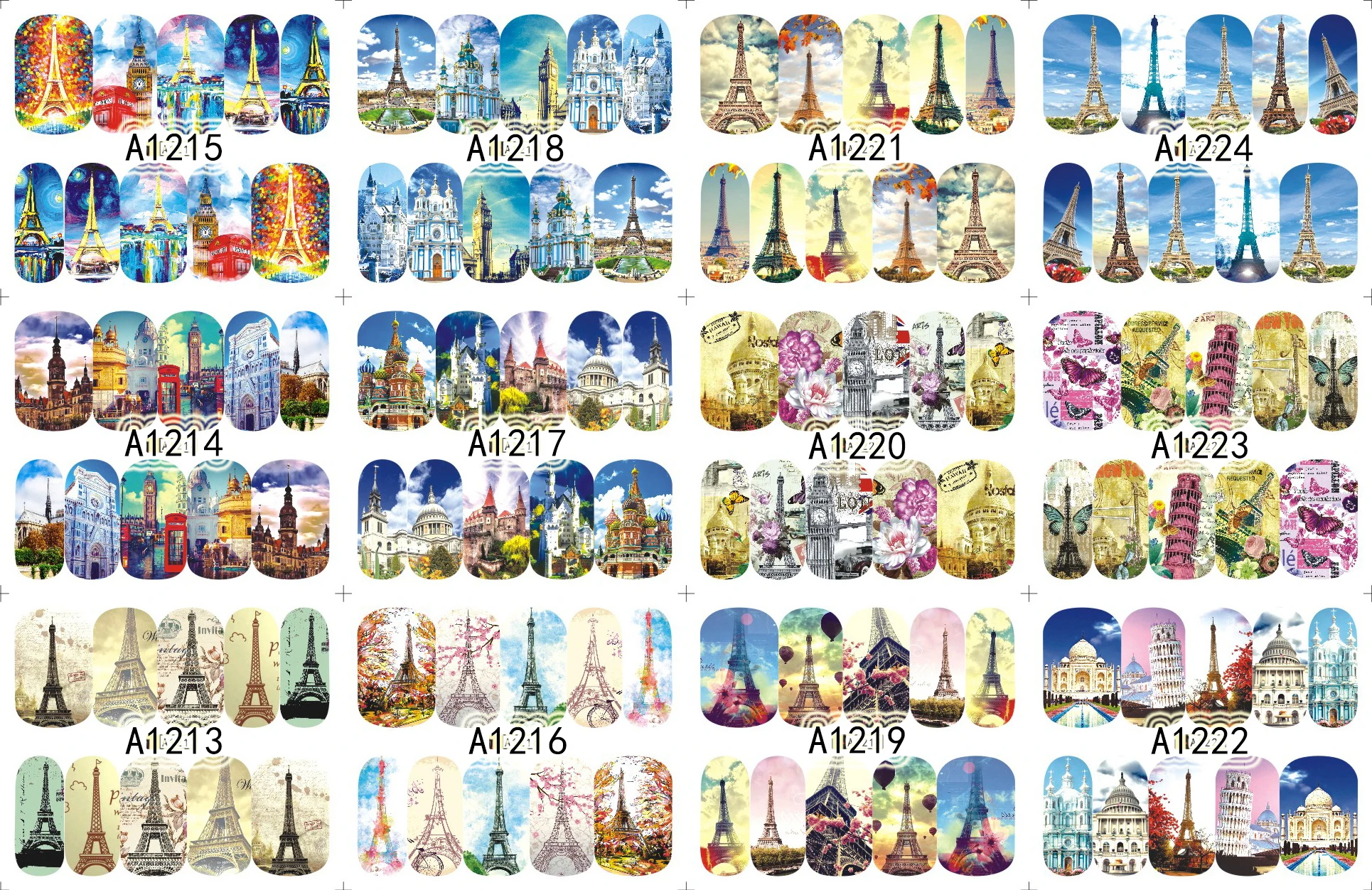 12 hojas/lote de A1213-1234 de uñas, Torre Eiffel, cubierta completa, pegatina de agua para Nail Art, calcomanías (12 diseños en 1)