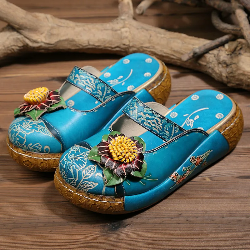 GKTINOO Flower Slippers Genuine Leather Shoes Handmade Slides Flip Flop On The Platform Clogs For Women Woman Slippers