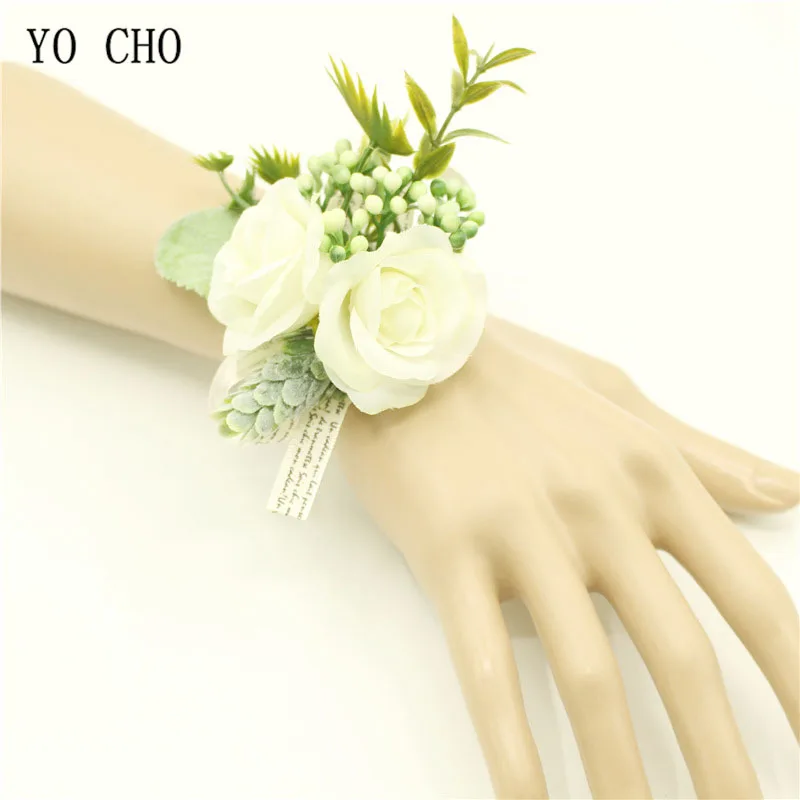 Yo cho pulseira branca, corsage, rosa, flor de seda, com punho, para madrinha, buquê para casamento