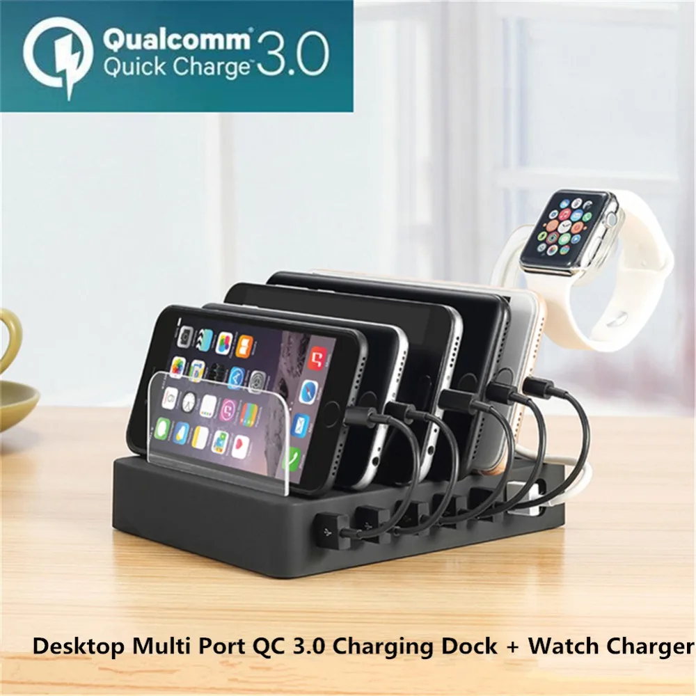 USB Charging Station Dock With Stand Holder 6 Ports Multi Function USB QC 3.0 Charger Mobile Phone Tablet Watch US UK EU AU UK