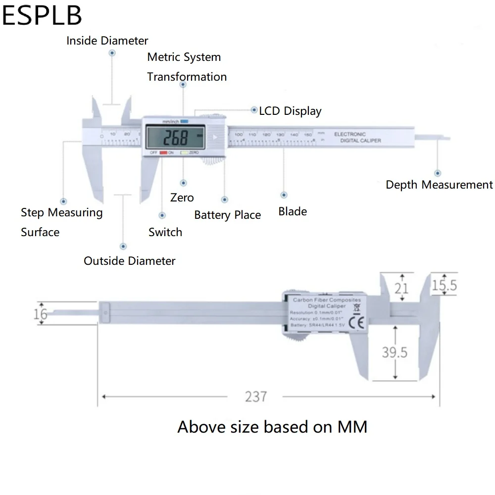 ESPLB 150mm Plastic Vernier Caliper 6 inch  LCD Screen Electronic Digital Caliper Carbon Fiber Millimeter Conversion Calipers