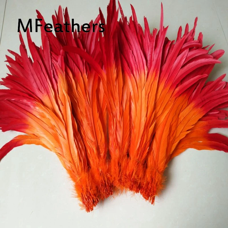 Wholesale 100pcs/lot Rooster tails Feather red tips with orange bottom Two tone dyed chicken feathers plumas for carnival decor.