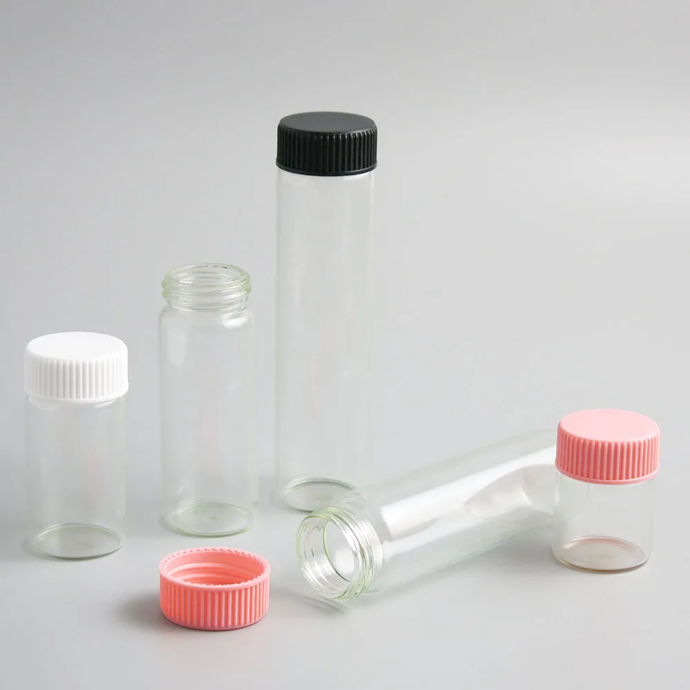 50 x 15ml 25ml 40ml 50ml 60ml Clear Glass Bottle with Plastic Screw Cap Orifice Reducer of Essential Oil Sample Vial Makeup Tool