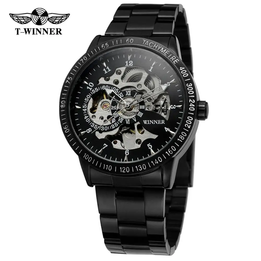 

T-WINNER WATCH full black surface with black unique pointer with Roman Numerals and black steel band men's automanticl watch