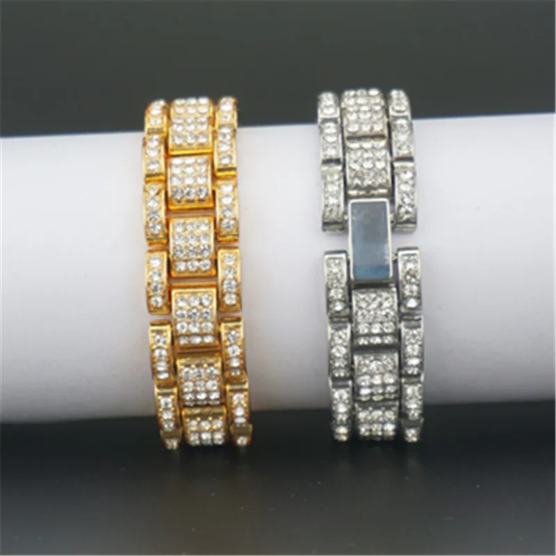 Bling 15mm 20cm Golden Silver Color Bracelet Hip Hop Mens Rhinestone Watchband Chain Tank Bangles For Boys Grils Hand Jewelry