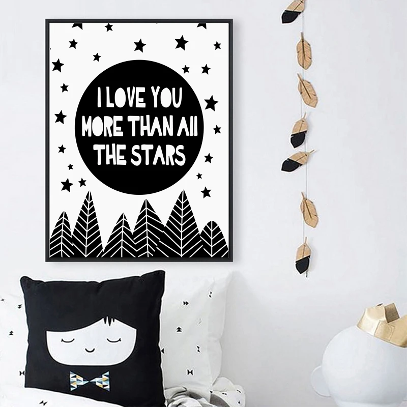 Nursery Quotes I Love You More Than All Stars Wall Art Poster Sky and Forest Picture Canvas Art Painting Nursery Decoracion