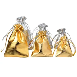 25 unids/lote embalaje de joyería bolsa de almacenamiento con cordón de tela de aluminio de Color dorado 7x9cm 9x12cm 10x15cm bolsas y bolsas de regalo de boda