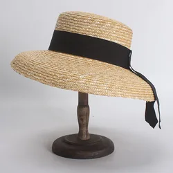 Wide Brim Summer Sun Hat for Women Kentucky Derby Hats Ladies Wheat Straw Hat Black Ribbon Flat Top Handmade Leisure Beach Hats