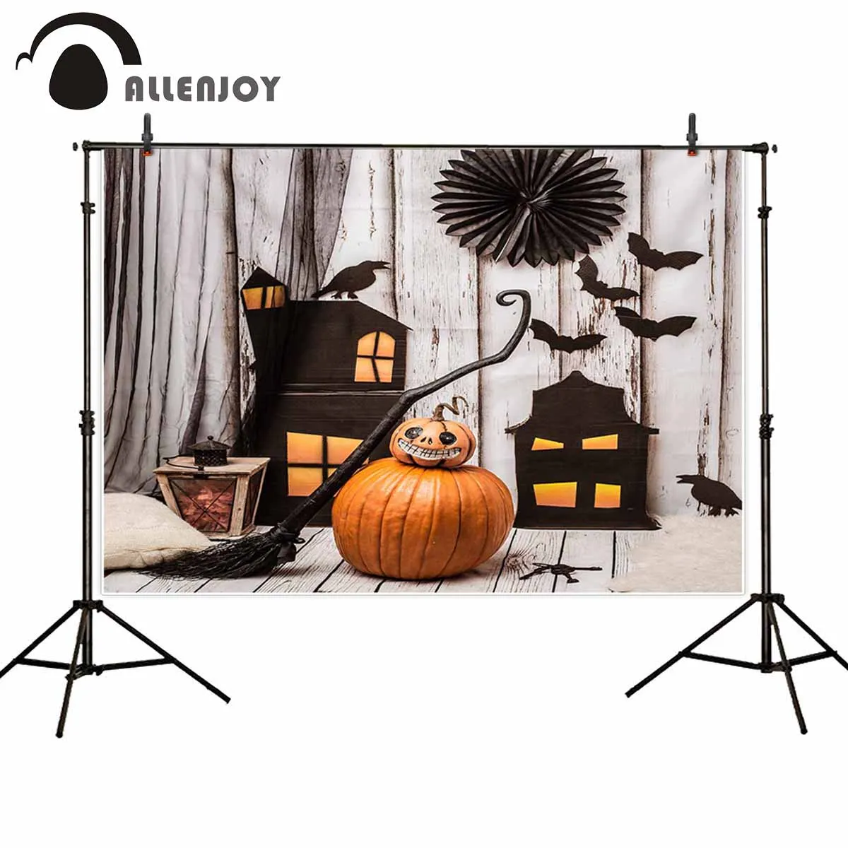 

Allenjoy backdrop for photographic studio pumpkin ghost decoration bats crow magic broom Halloween background photobooth