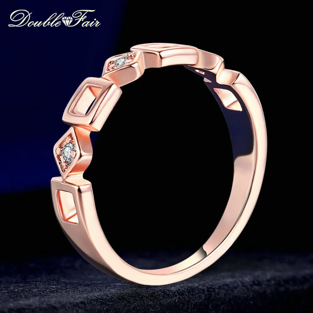 Double Fair Casual Style Rose Gold Color Cubic Zirconia Geometric Finger Rings Fashion Jewelry For Women Girls Party DFR197