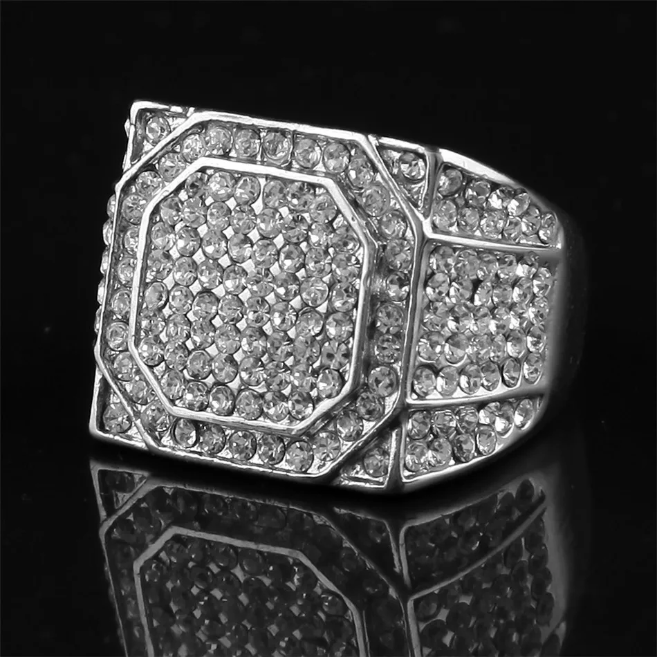 UWIN Men\'s Stainless Steel Square Ring Bling Bling Rhinestone Crystal silver color Gold Color Punk Rings Fashion Hip Hop Jewelry