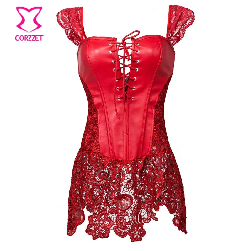 

Red Faux Leather&Lace Gothic Corpetes E Espartilhos Plus Size Sexy Lingerie Corset Burlesque Dress Steampunk Clothing Women 6XL