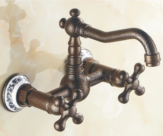 Wholesale Wall Mounted Bathroom antique bronze faucet Dual Handle basin faucet with porcelain RB1047