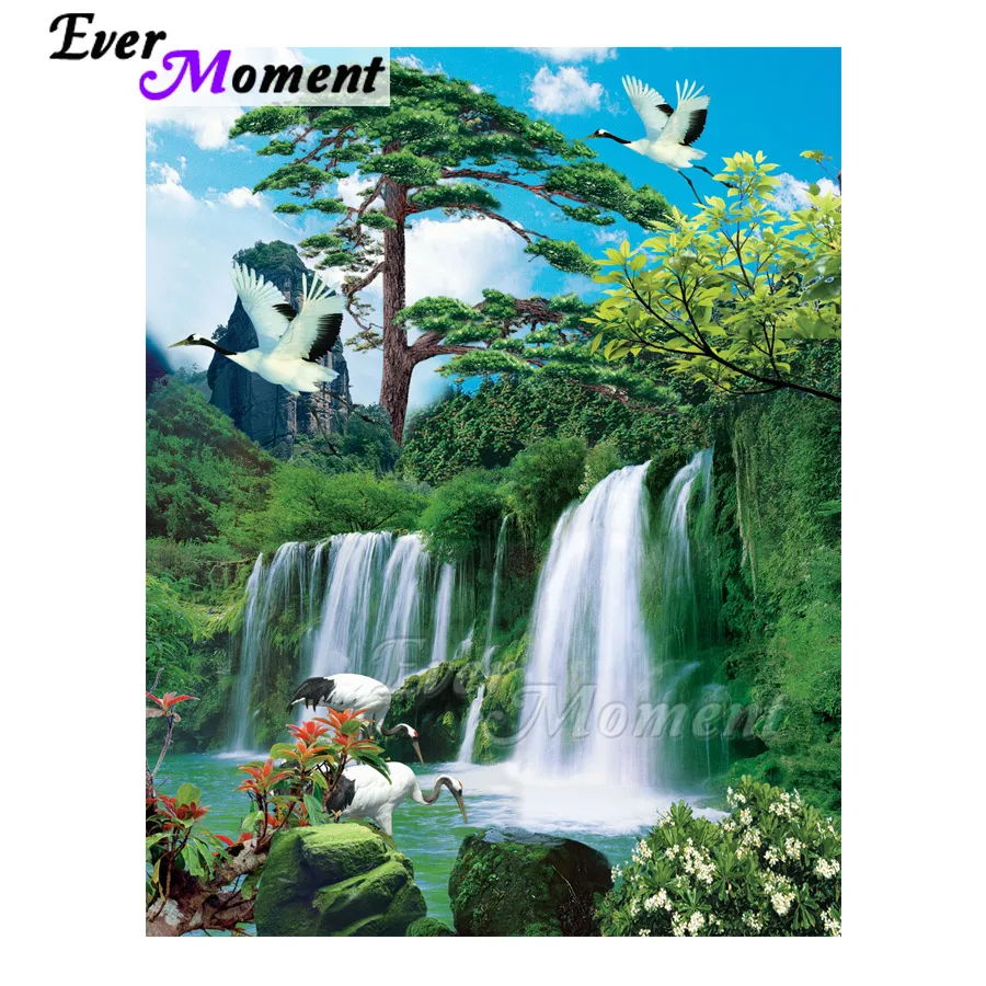 Ever Moment Diamond Painting Waterfall Tree Crane Decoration For Home Cross Stitch Handmade Square Diamond Embroidery ASF1615