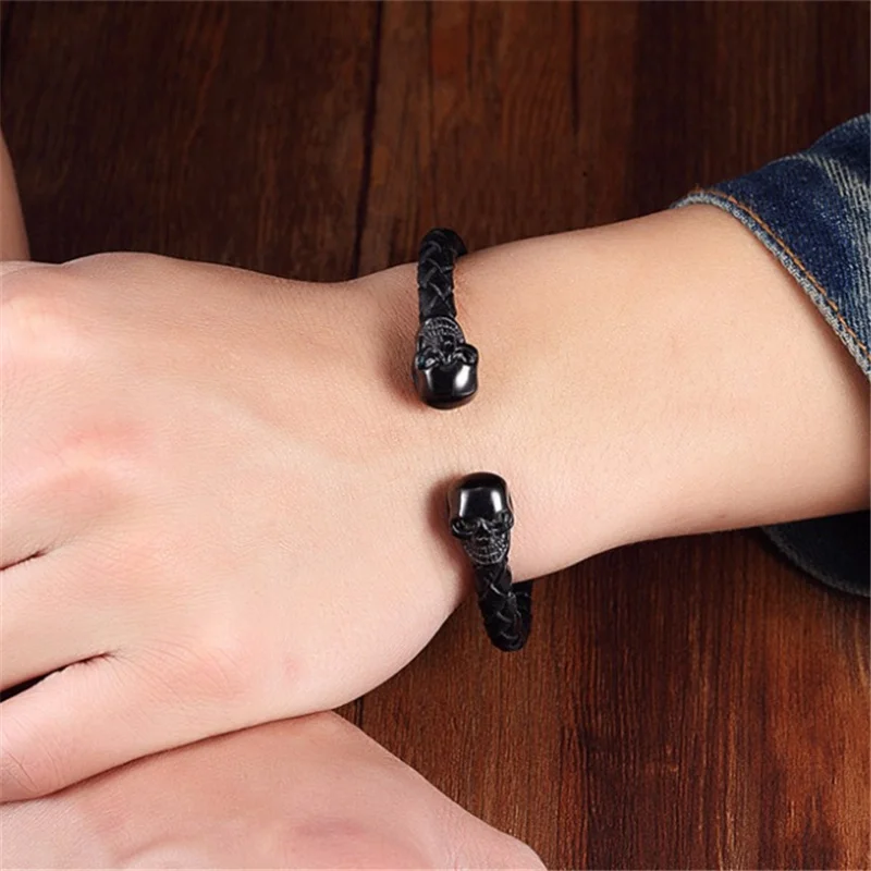 Vintage 3 Colors Skull Bangles Hand Made Top Quality Adjustable Length Stainless Steel Leather Bracelet Charm Bracelets Men Gift
