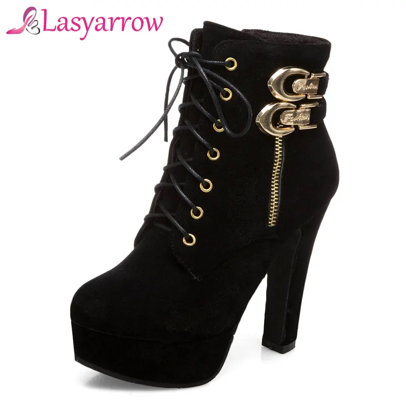 Lasyarrow Plus Size Ankle Boots Women Platform High Heels Lace Up Buckle Shoes Thick Heel Short Boot Ladies Zipper Footwear F739