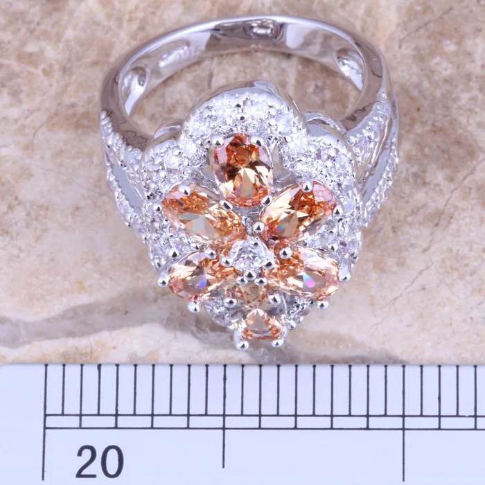 Charismatic Champagne Morganite White CZ Silver Plated  Women\'s Jewelry Ring Size 6 / 7 / 8 / 9 R1215