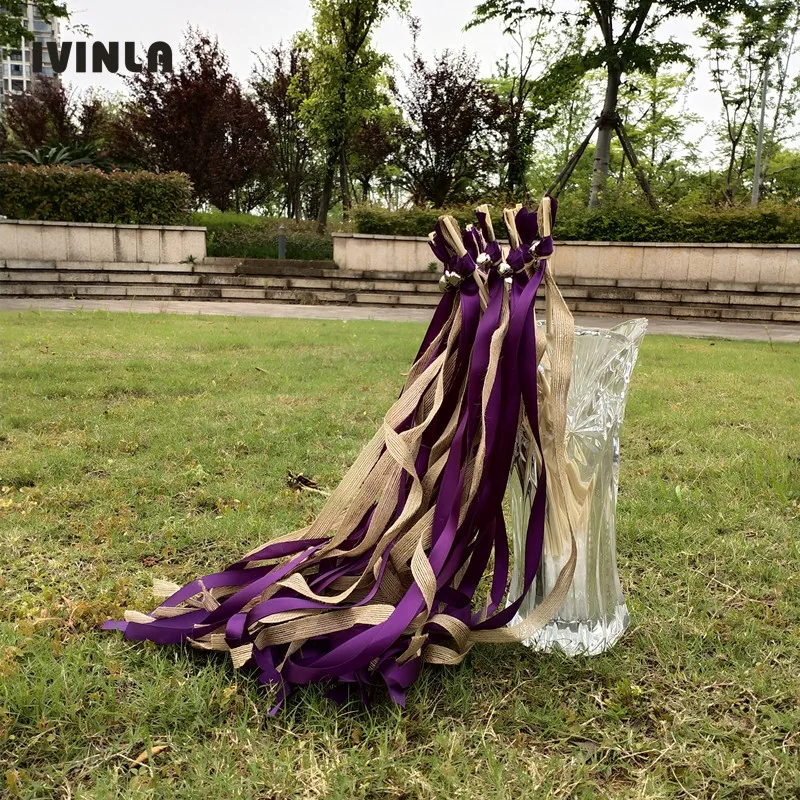 50pcs/lot purple jute wedding wands with big sliver bell for wedding decoration