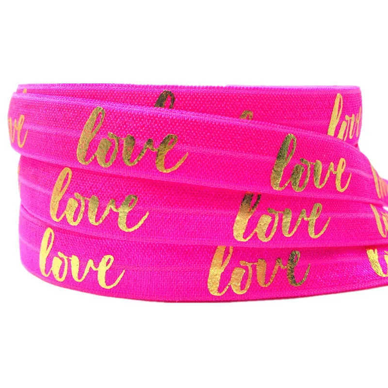 16MM Gold Silver Foil LOVE Print Fold Over Elastic 10Y FOE Satin Ribbon for DIY Headwear Bracelet Hair Accessory Wholesale