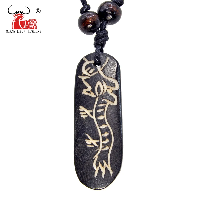 1PC Vintage Tibetan Yak Bone Necklace Black round Pendant Men's And Women's Talisman Jewelry Handmade Carved loong