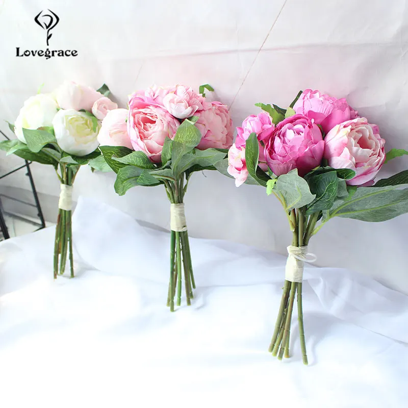 

Fashion Wedding Centerpiece Artificial Flowers White Peony Bunch Handmade DIY Bridal Bouquet Wedding Decor Pink Rose Accessories