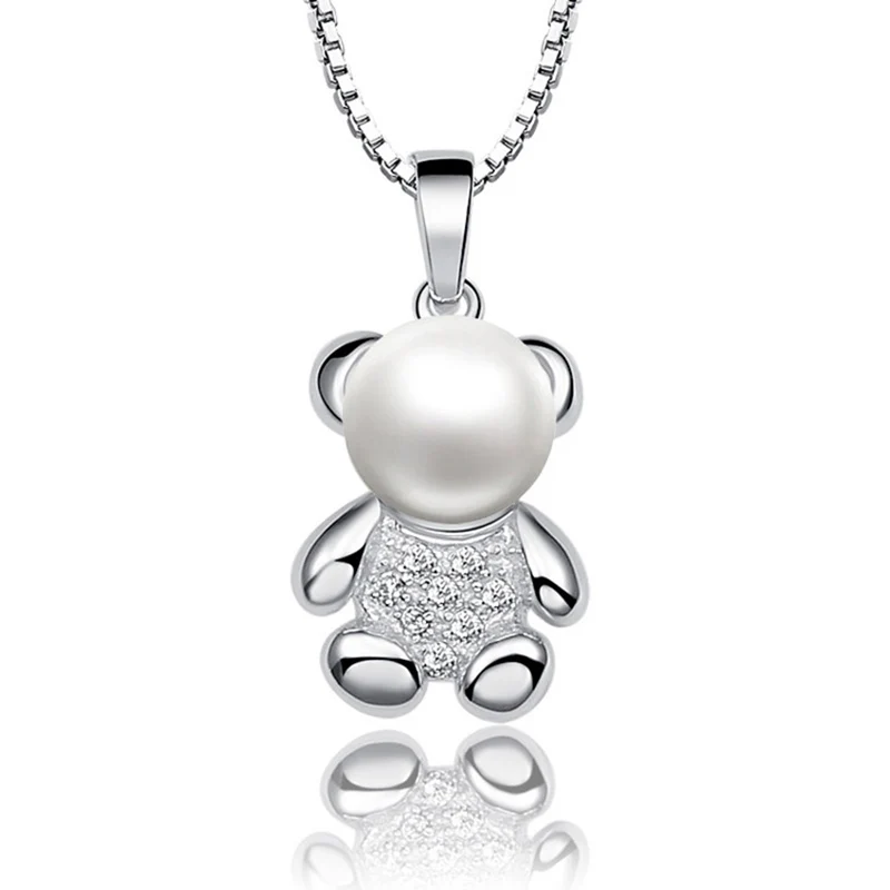 Sinya 925 Sterling Silver Pendant Natural Freshwater Pearl Charm Necklace Lovely Bear Design Fine Jewelry Girls Women Gift