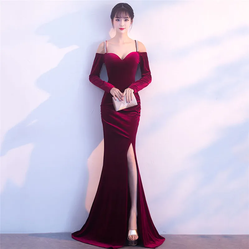 Corzzet Vestidos De Festa Party Night Club Dresses Off-shoulder Wine Red Velvet Full Sleeve Mermaid Side Slipt Formal Gowns