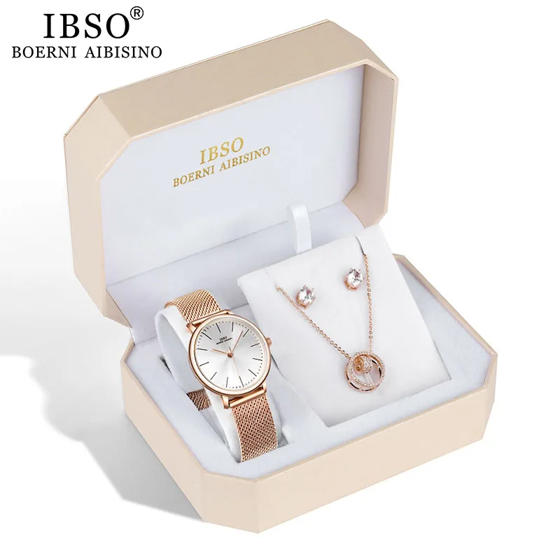 IBSO Brand Women Rose Gold Watch Earring Necklace Set Female Jewelry Set Fashion Creative Crystal Quartz Watch Lady\'s Gift