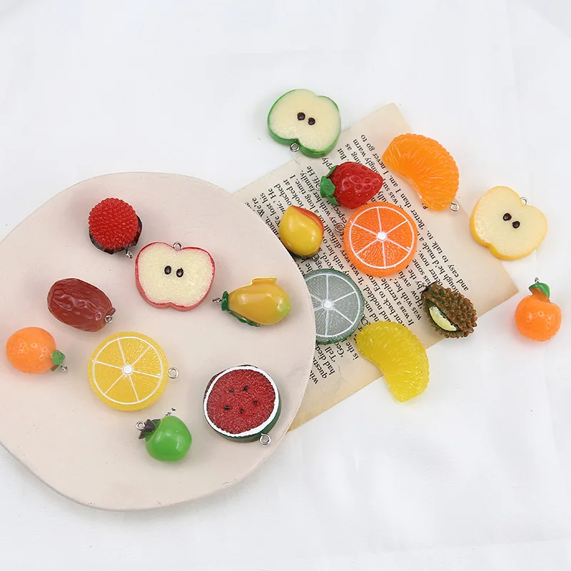 New 30pcs/lot color print fruit style apple/Strawberry/oranges shape resin beads charms diy jewelry keychain pendant accessory