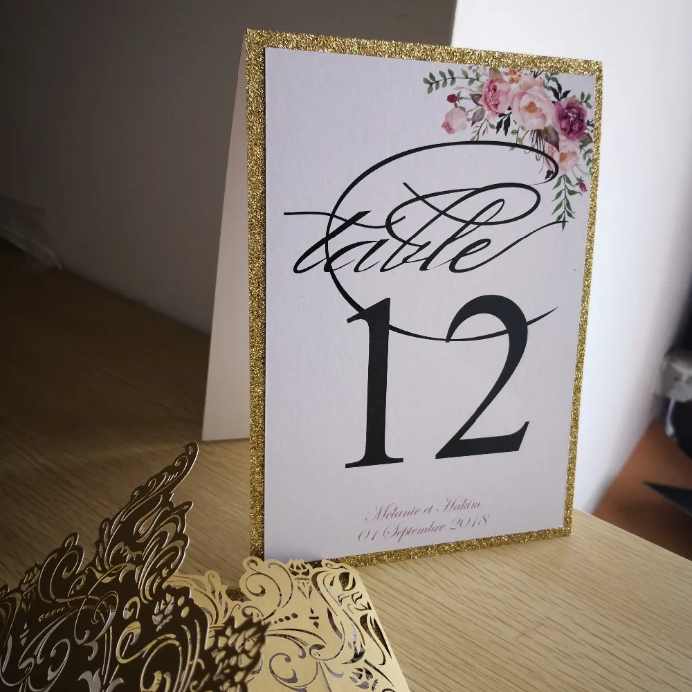 10pcs/lot Personalized Glitter decoration  stand free personalized table number thick glitter paper with floral design decorated