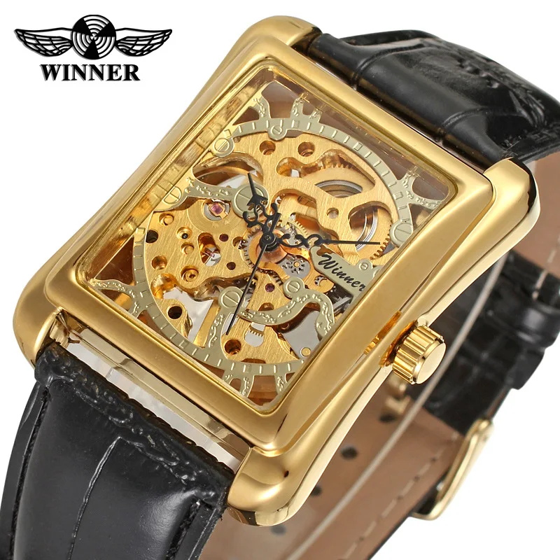 

2018 Winner Brand Retro Casual Series Rectangle Dial Design Golden Pattern Hollow Skeleton Watch Men Top Brand Luxury Mechanical