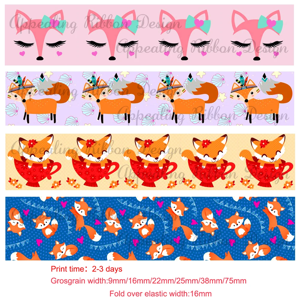 

Custom cartoon fox 9mm 16mm 22mm 25mm 38mm 75mm printed grosgrain ribbon 16mm animal print foe elastic ribbons 50 yards